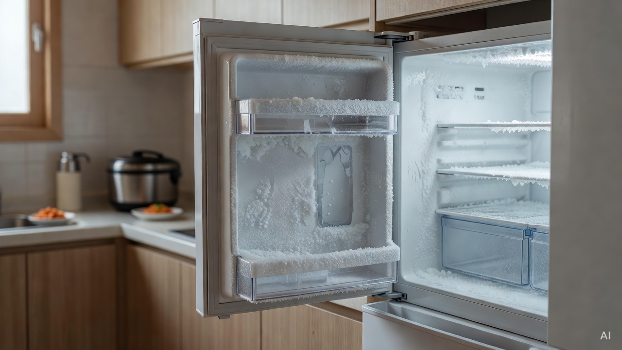 open refrigerator door showing frost buildup on freezer walls, kitchen background