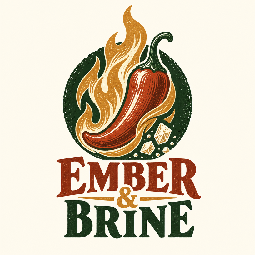 Ember & Brine brand artwork, featuring a flame curling around a pepper with salt-crystal details.
