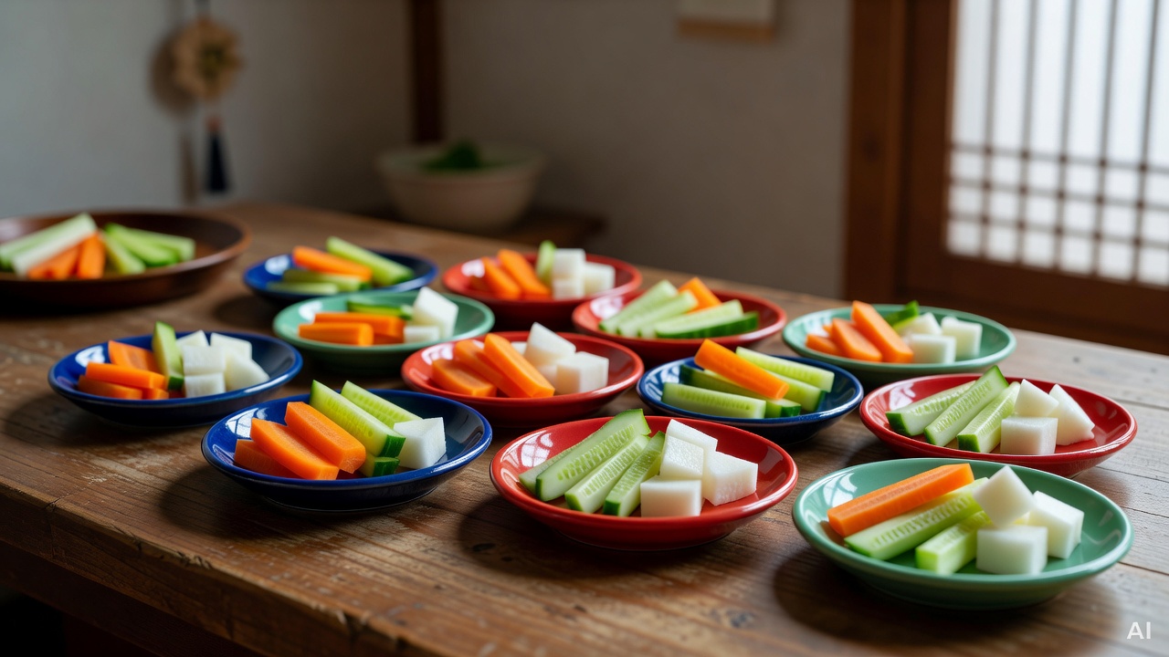 small colorful plates with bite-sized vegetables arranged on a wooden dining table