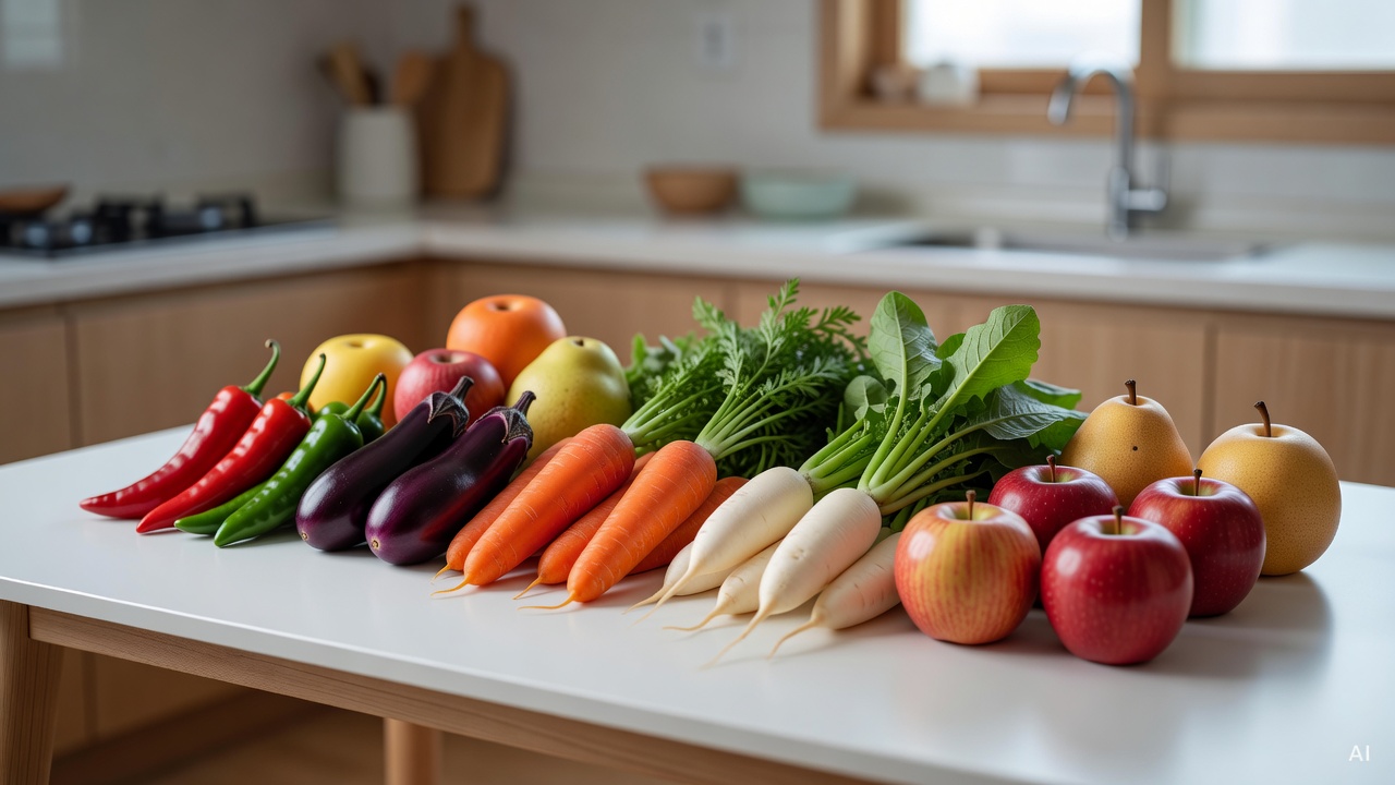 colorful vegetables and fruits arranged neatly on a white kitchen table