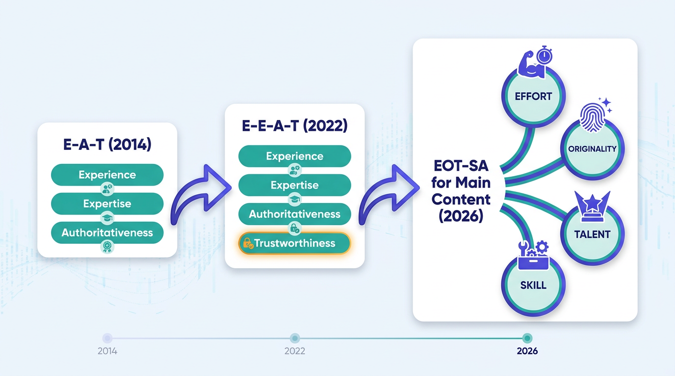 Timeline infographic showing main content quality Google framework evolution from E-A-T to EOT-SA