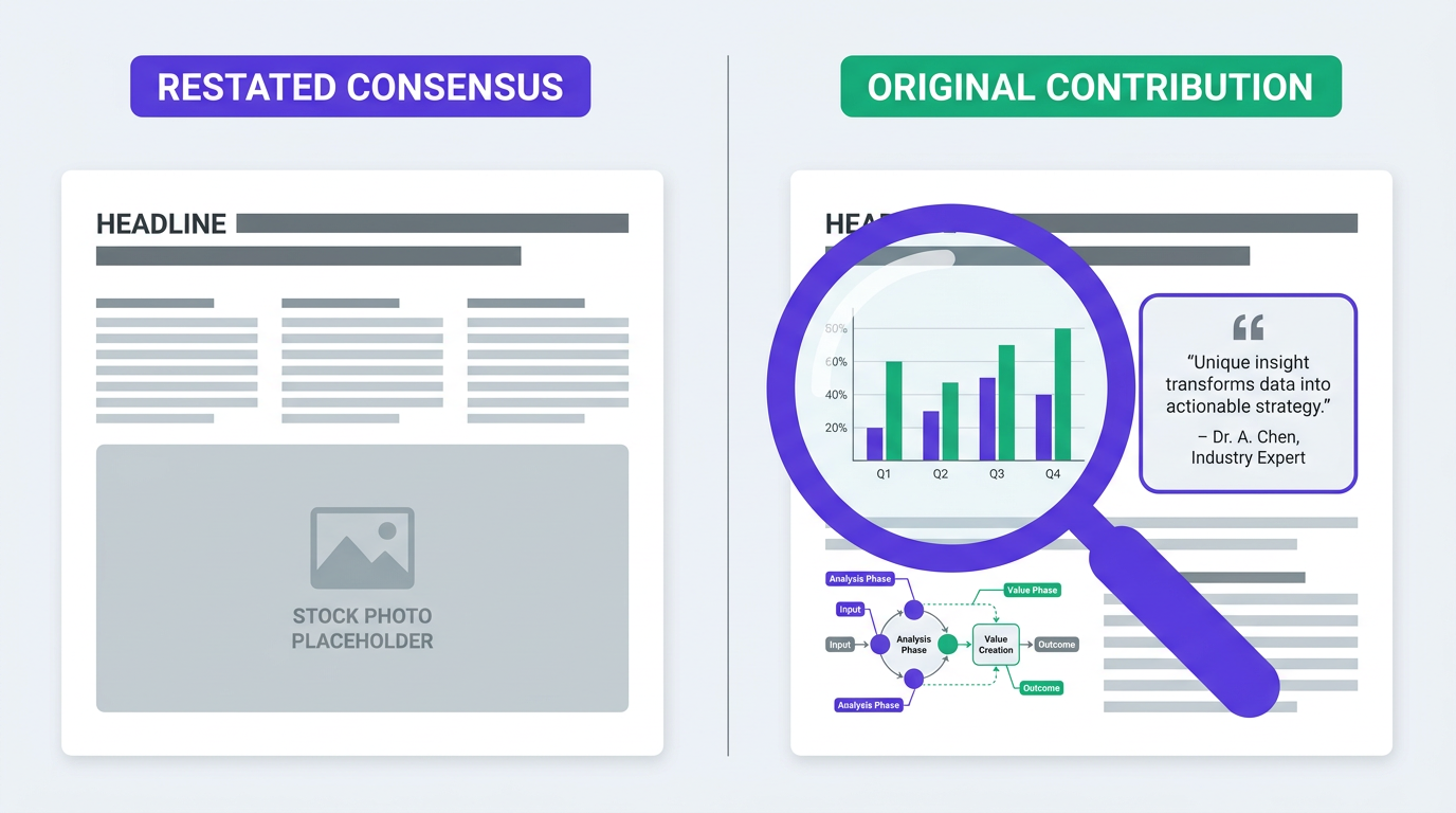 Split-screen infographic comparing restated consensus versus original content contribution