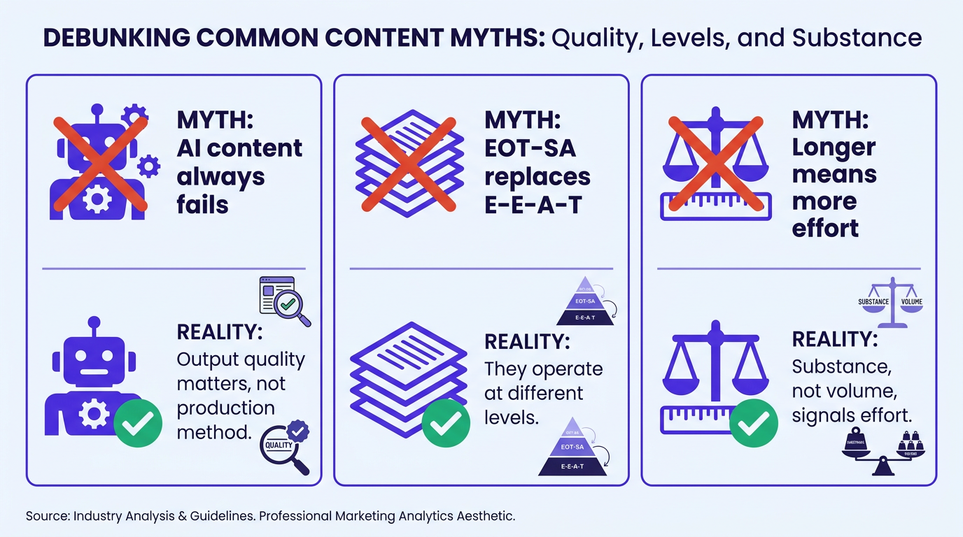 Three myth vs reality cards debunking main content quality Google misconceptions