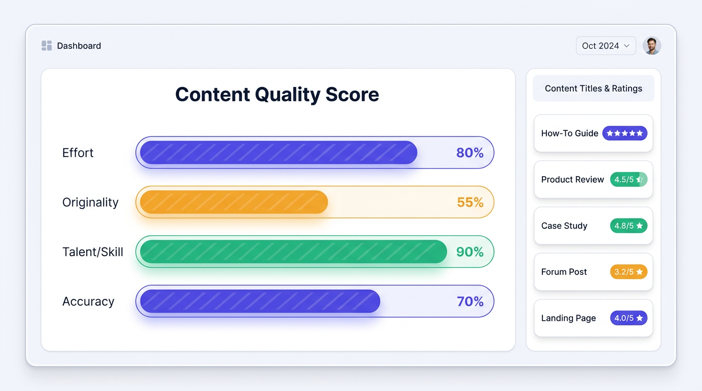 Content quality scorecard dashboard showing EOT-SA pillar scores for main content quality Google evaluation