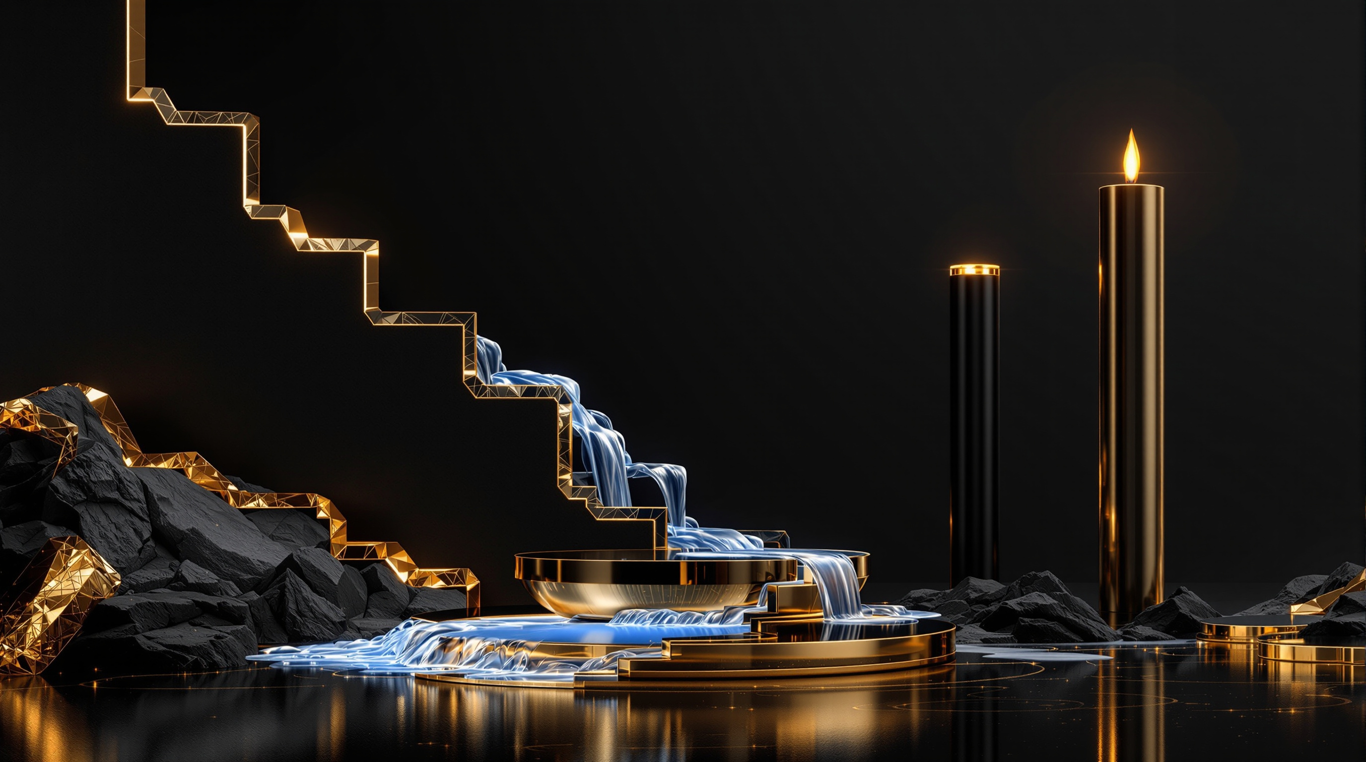 an abstract financial tableau composed of a falling matte-black silicon-like wafer cascade with gold edges, a receding silver-blue liquid flowing from — editorial cover artwork for the Knightron story on Tech Stocks Slide As Bitcoin ETFs Bleed $487M; Oil Rallies O