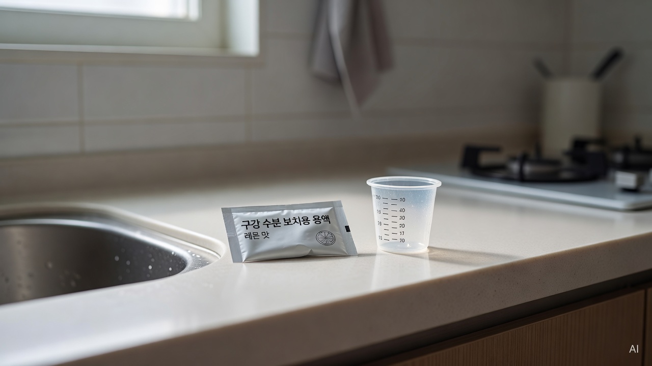 oral rehydration solution packet and small measuring cup on a kitchen counter