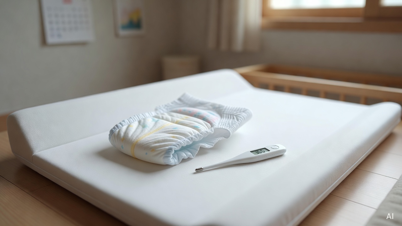 baby diaper and thermometer placed on a white changing mat