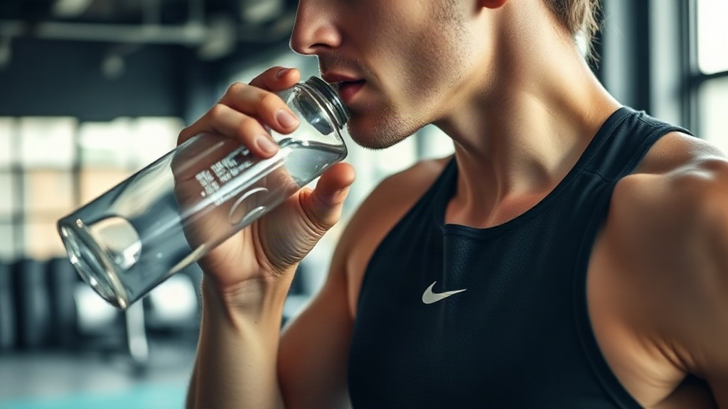 Athletic person in gym clothes drinking water from a bottle right after a workout, sweaty, natural g