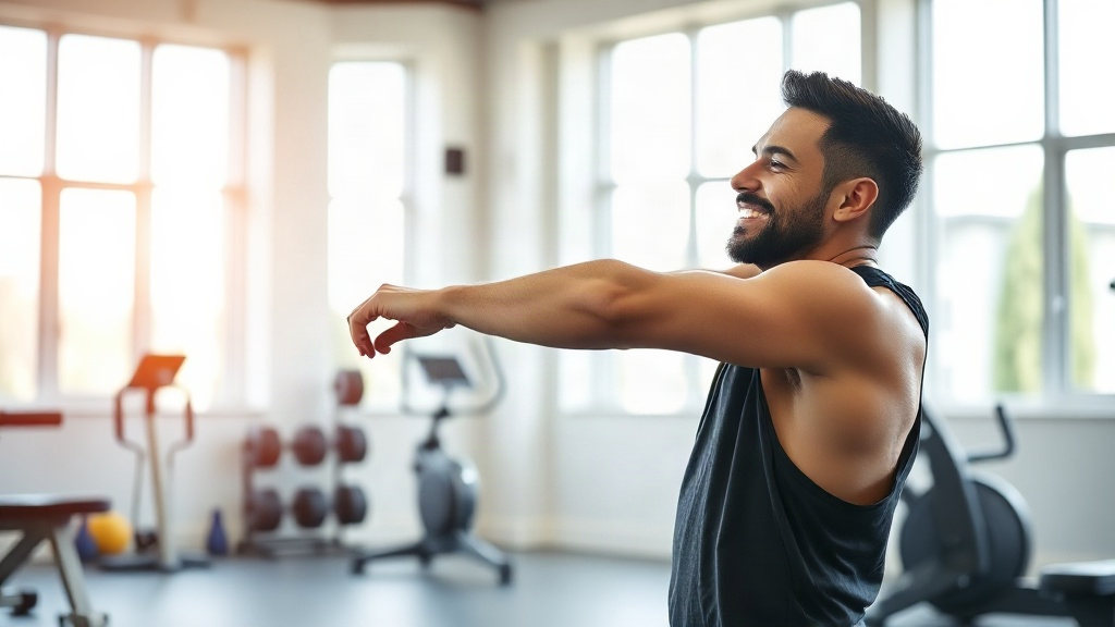 Motivated athletic man stretching and smiling after a workout in a bright modern gym, full body shot