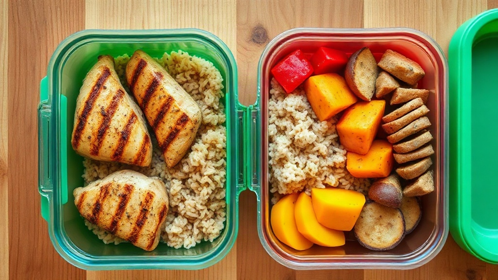 Colorful healthy meal prep containers with grilled chicken, brown rice, sweet potato and mixed veget