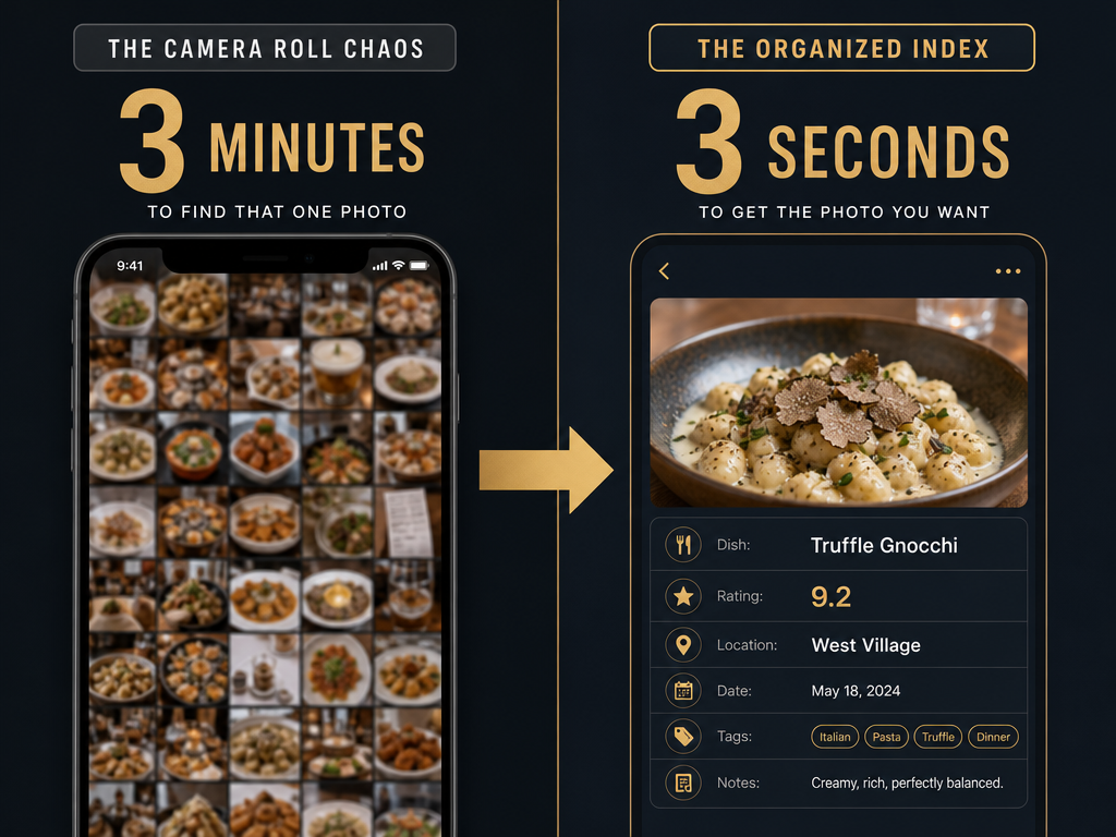 Transform your messy food photos into a searchable database. Moving from a camera roll to a structured system reduces retrieval time by over 98%.