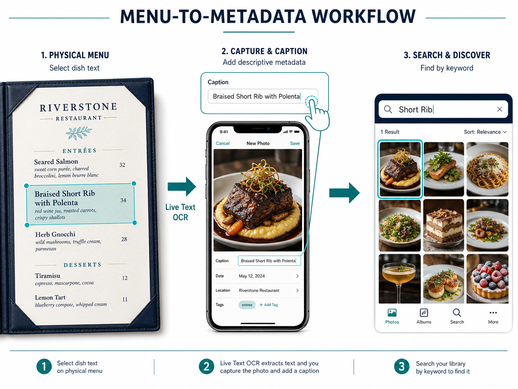 The 'Native Hack' workflow: use OCR technology to instantly digitize dish descriptions from menus and save them directly into your photo's hidden caption metadata.
