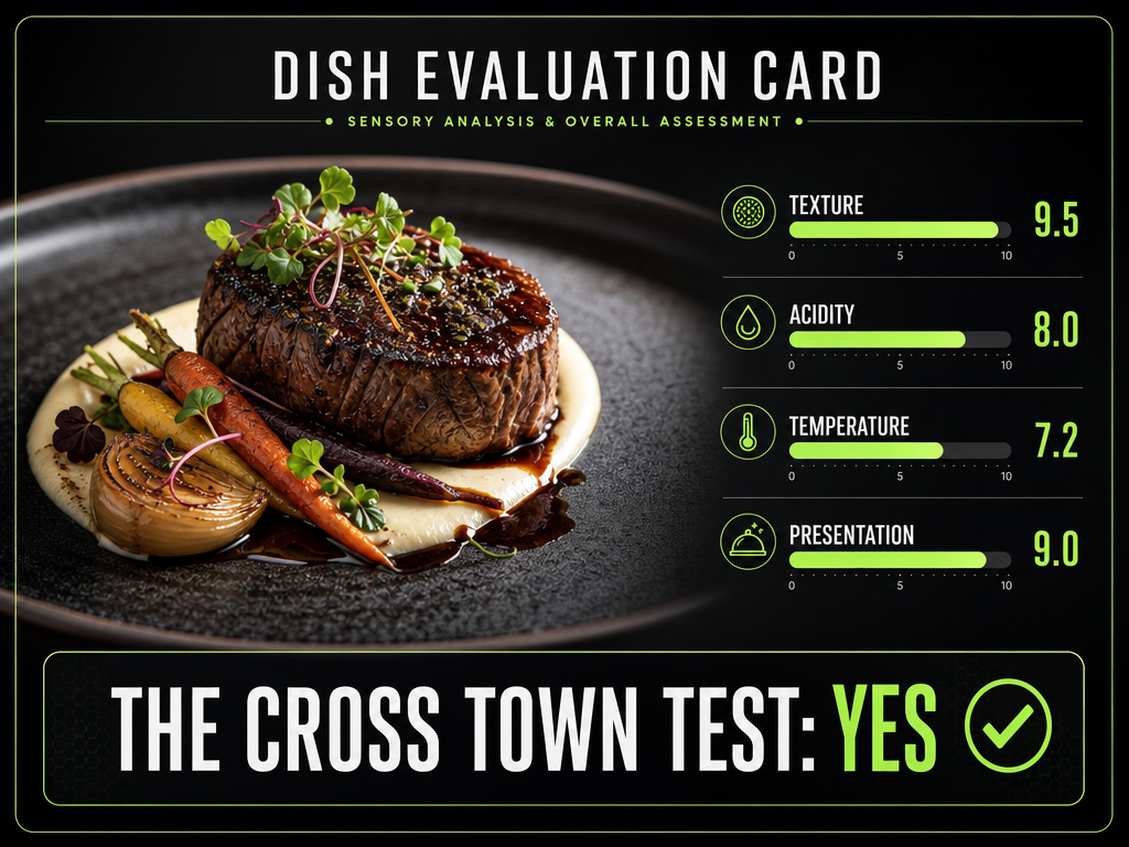 A professional dish rating interface showing sensory metrics like texture and acidity alongside a final 'Cross Town Test' verdict.
