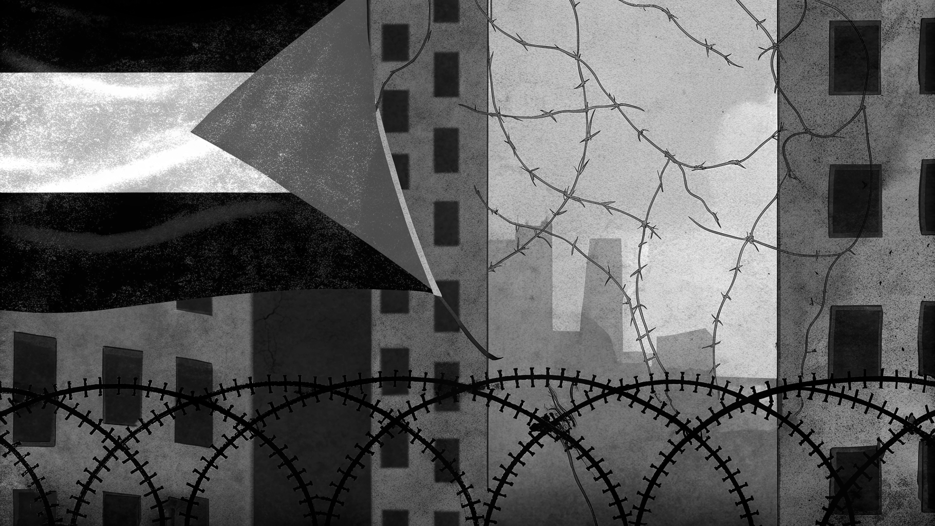 Illustration abstraite de Gaza dévastée, marquée par les ruines, les pénuries et une ligne de cessez-le-feu persistante.