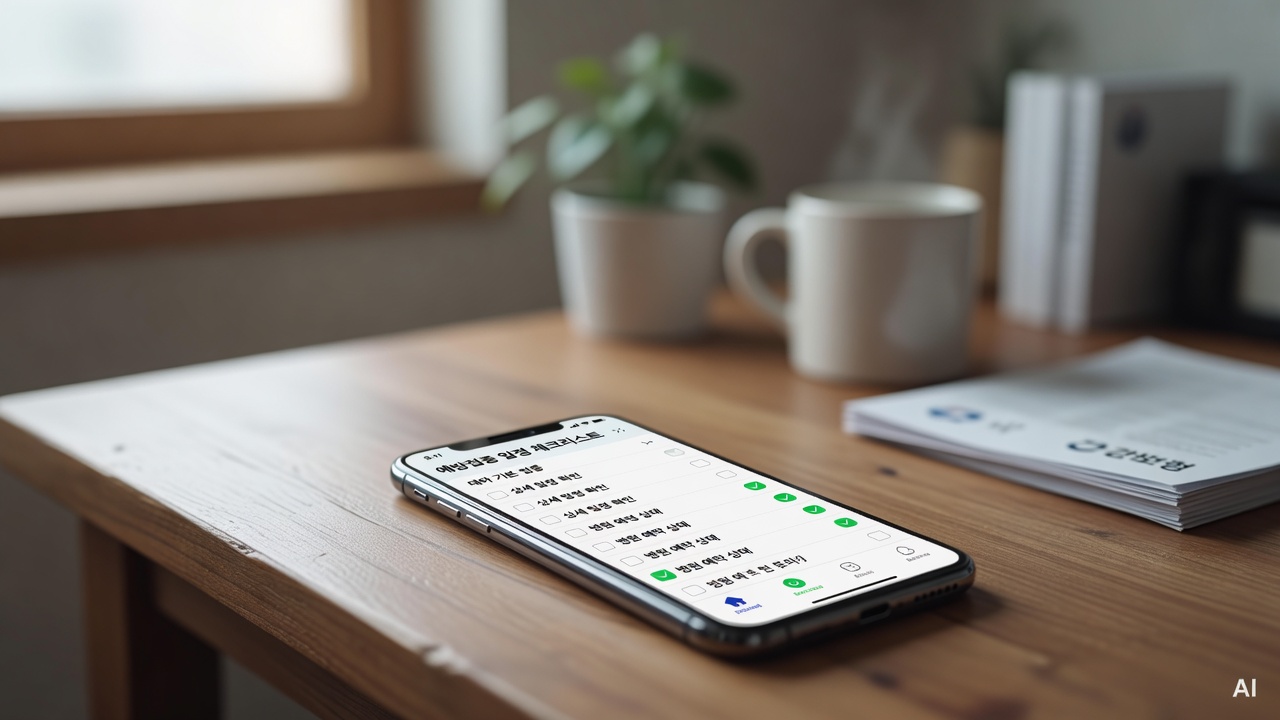 smartphone screen showing a vaccination schedule checklist app on a wooden desk