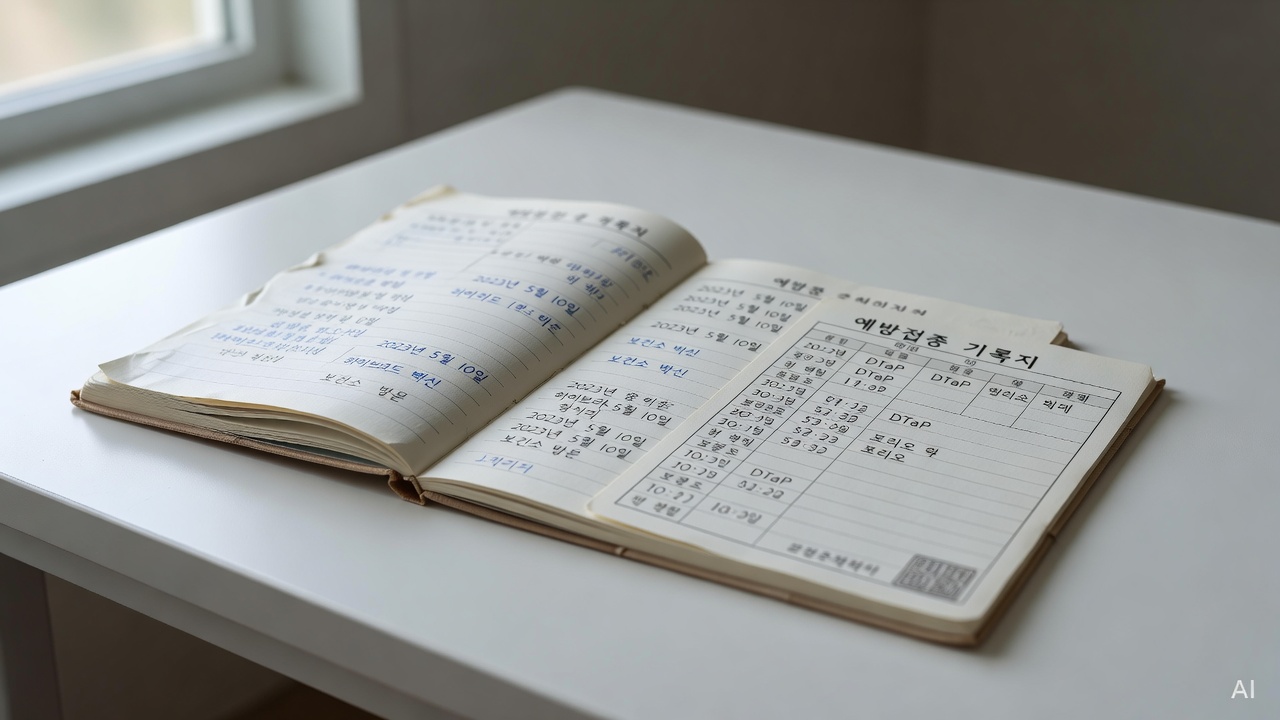 close-up of a child health notebook and vaccination record card on a white desk