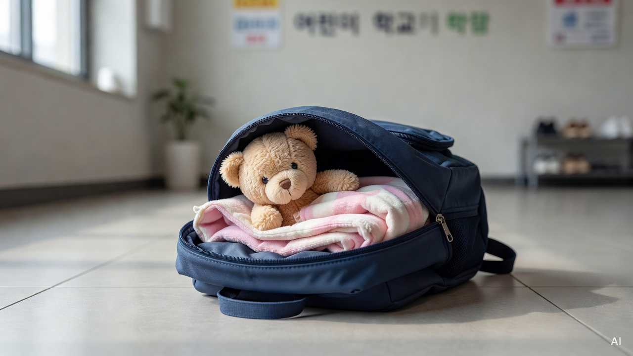 small stuffed animal and a blanket placed inside an open children's backpack