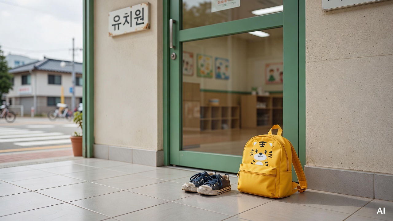 small shoes and a children's backpack placed neatly near a kindergarten entrance door