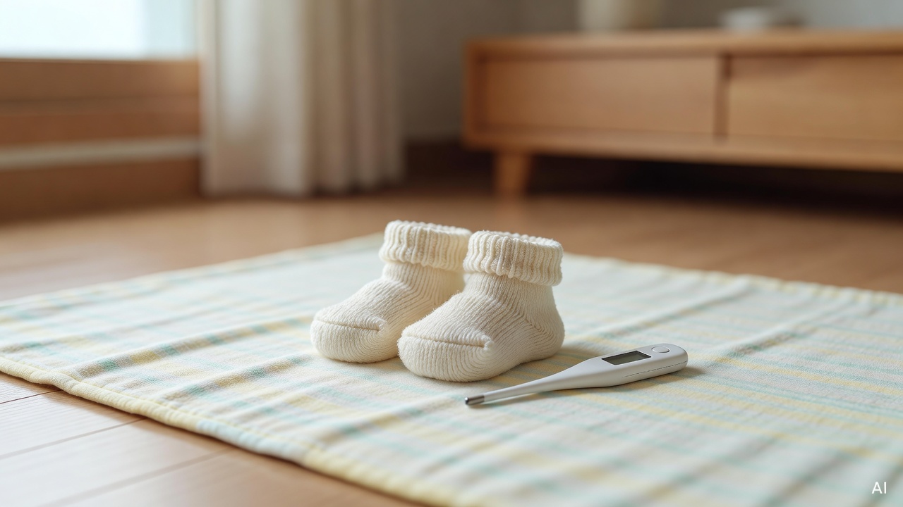 soft baby socks and a small digital thermometer placed on a light-colored baby blanket