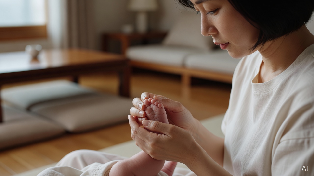 Korean woman in her 30s, short black hair, gently holding a baby's small foot with both hands, close-up of hands and feet only, warm indoor setting
