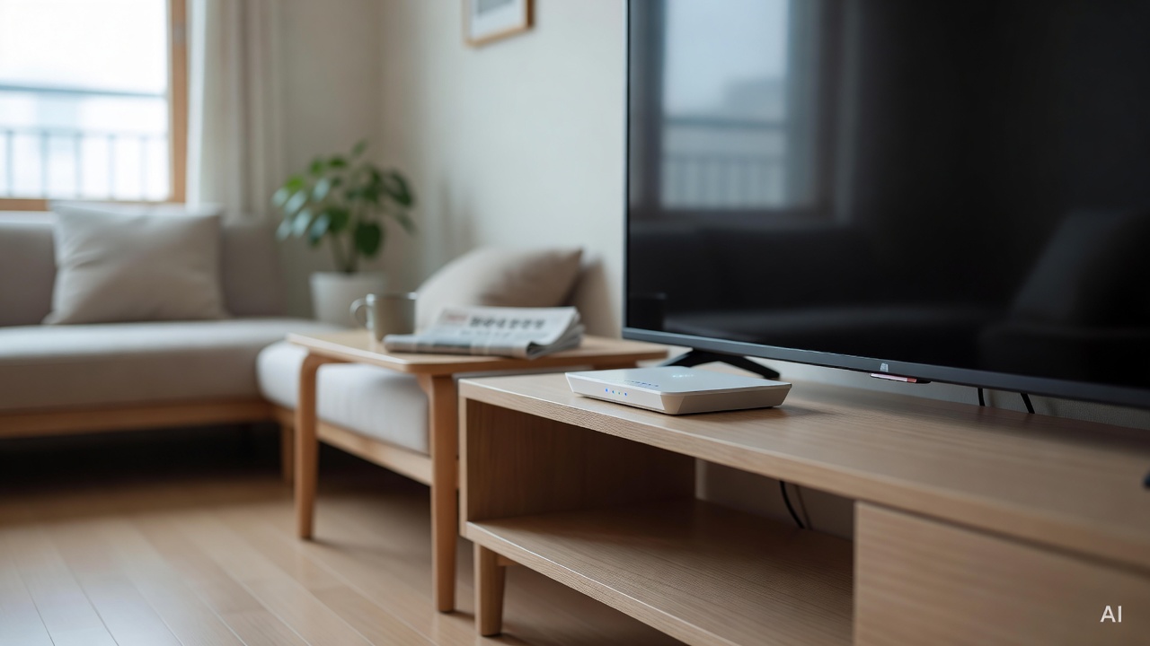 home wifi router placed near a TV on a wooden shelf in a living room