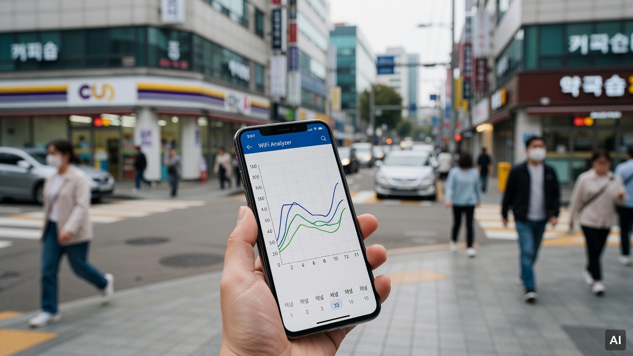 smartphone screen showing wifi analyzer app with channel graph