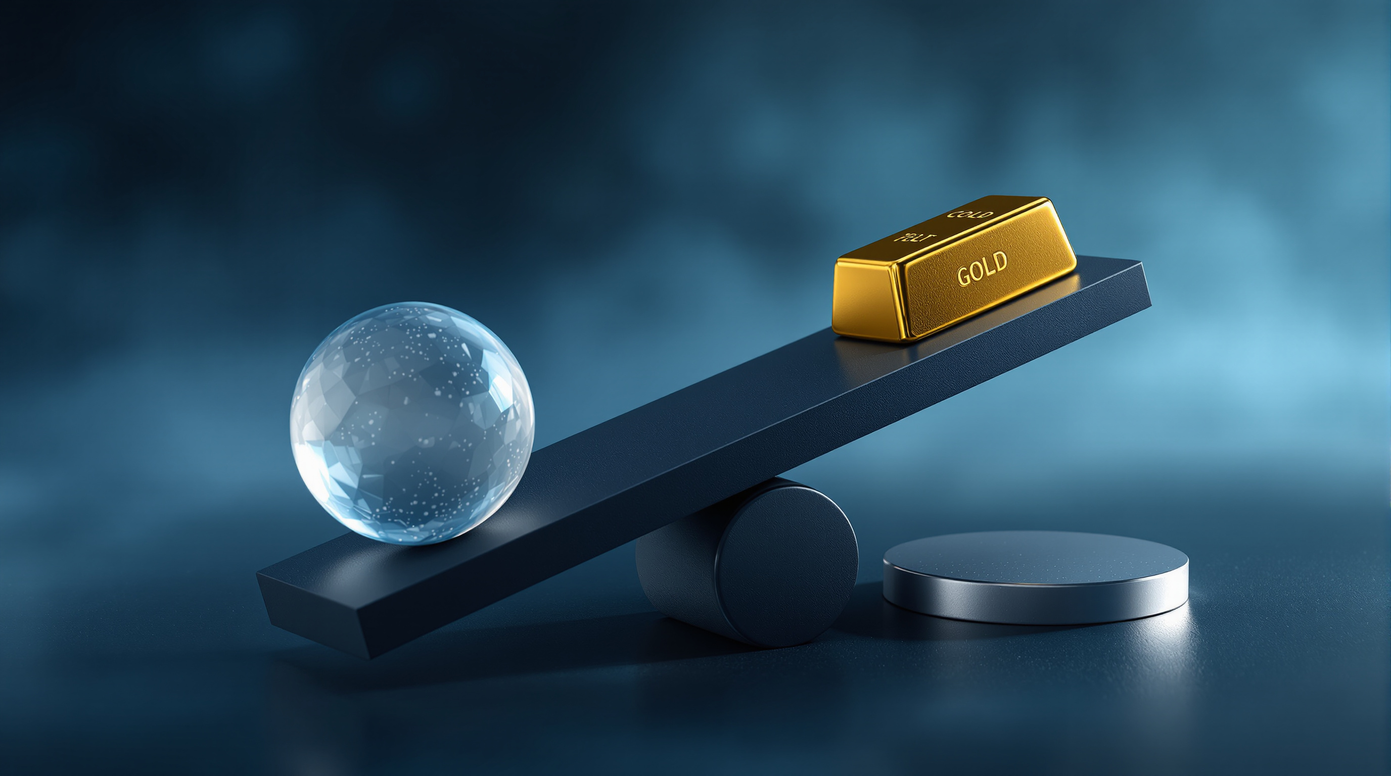 polished gold bar on a minimalist black seesaw-like platform, a frosted glass sphere, and a flat silver disc — editorial cover artwork for the Knightron story on Stocks Edge Higher As Consumer Sentiment Slips; Gold Rallies