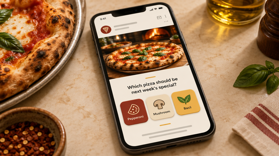 Illustrated pizza-shop email concept showing customer preference choices.