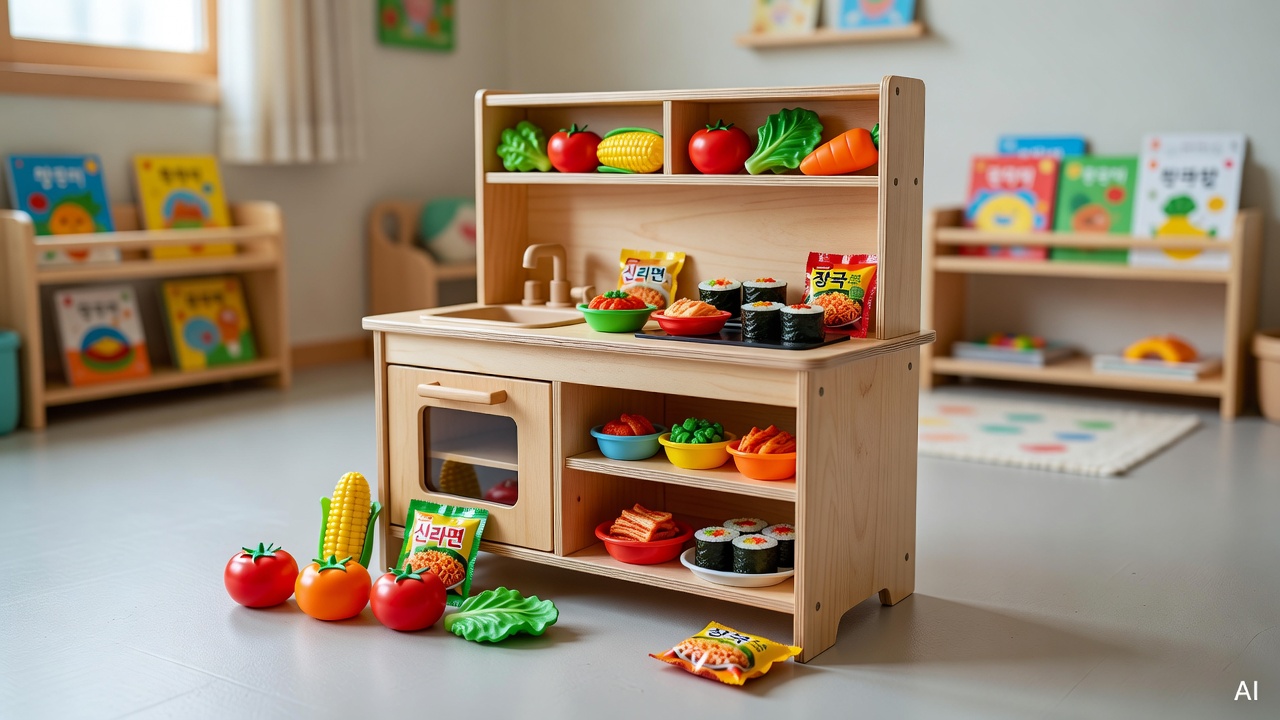 wooden play kitchen set with colorful food toys on a light gray playroom floor