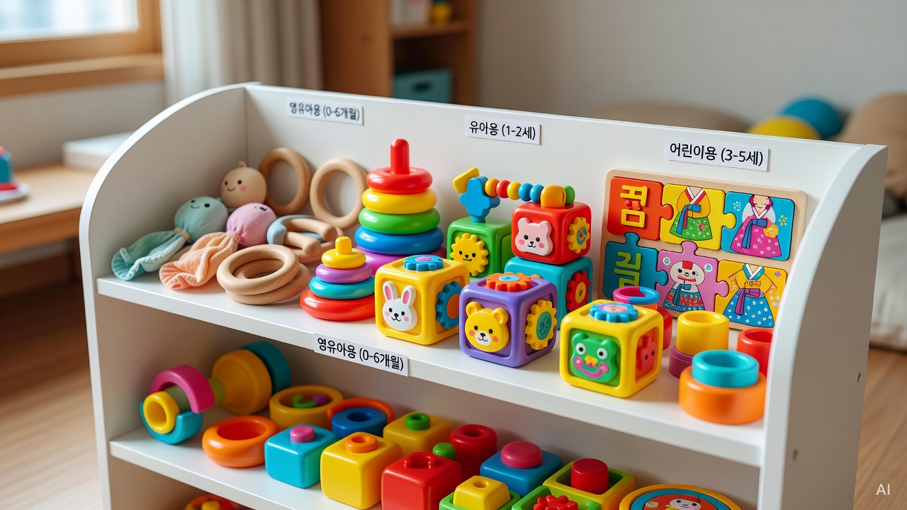 colorful developmental toys arranged by age group on a white wooden shelf