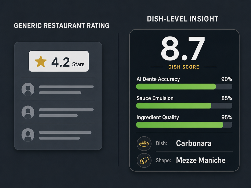Infographic comparing a generic restaurant star rating versus a detailed dish-level scorecard with specific metrics like sauce and pasta texture.