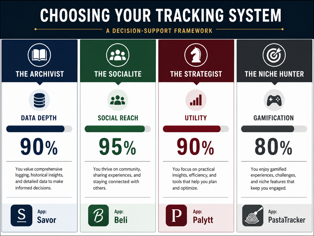 A decision matrix for food tracking apps showing four personas: Archivist, Socialite, Strategist, and Niche Hunter with data depth and social bars.