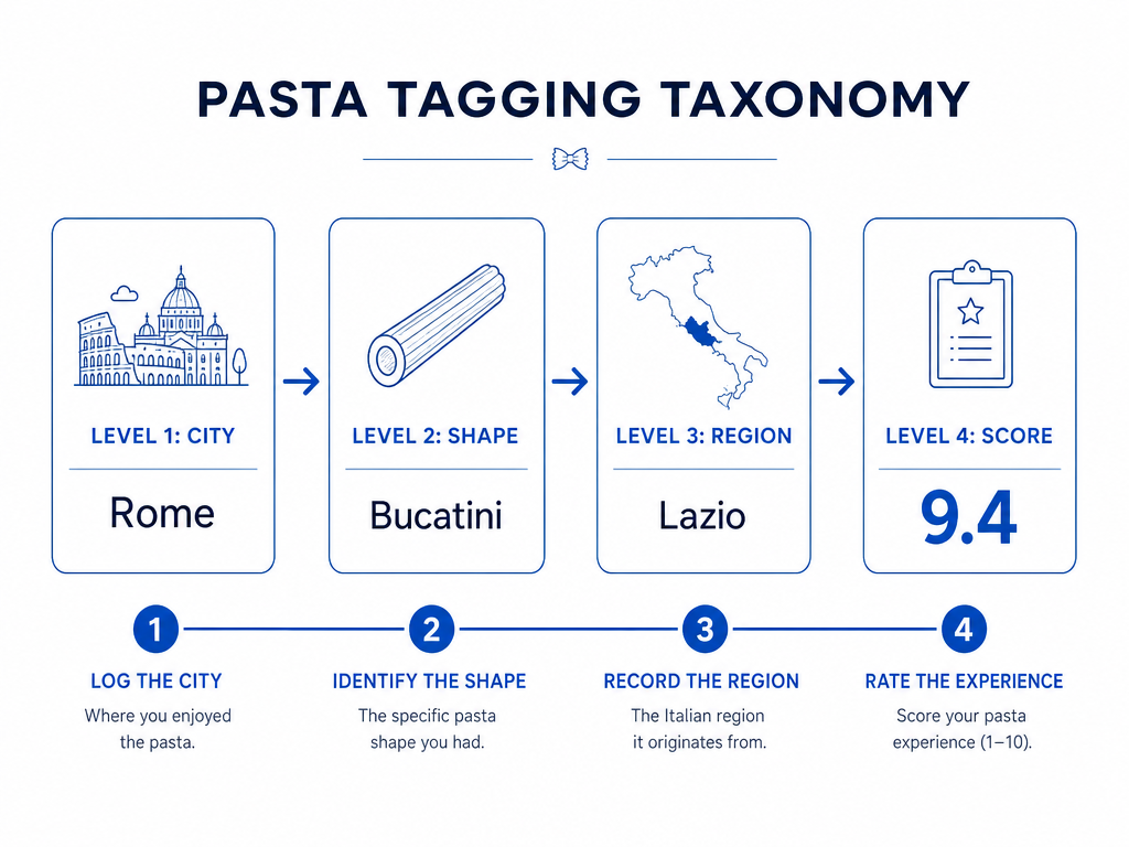 Diagram showing a four-level pasta tagging taxonomy for food journals: City, Shape, Region, and Score, using Rome and Bucatini as examples.