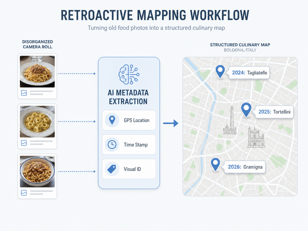 A workflow diagram showing how AI extracts GPS and timestamp metadata from food photos to create a retroactive culinary map of pasta dishes.