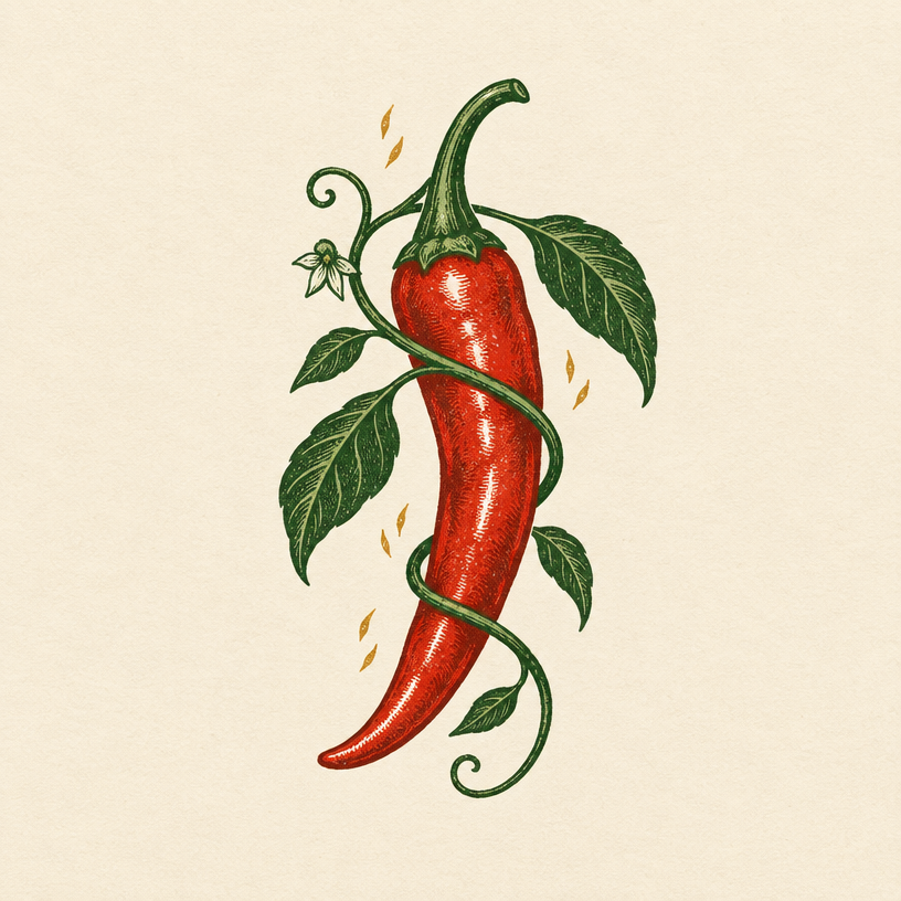 Brand illustration of chilies and winding vines in Ember & Vine’s warm, earthy colors.