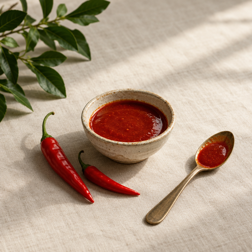 Illustrative hot-sauce launch still life for Ember & Brine: editorial artwork, not a photograph of the actual packaged product.