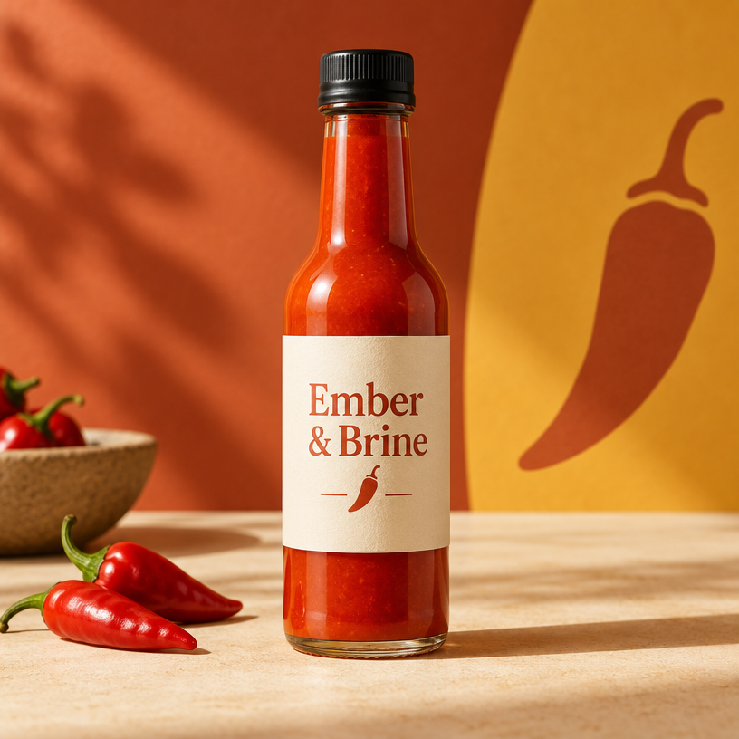 Illustrative brand photography for Ember & Brine hot sauce