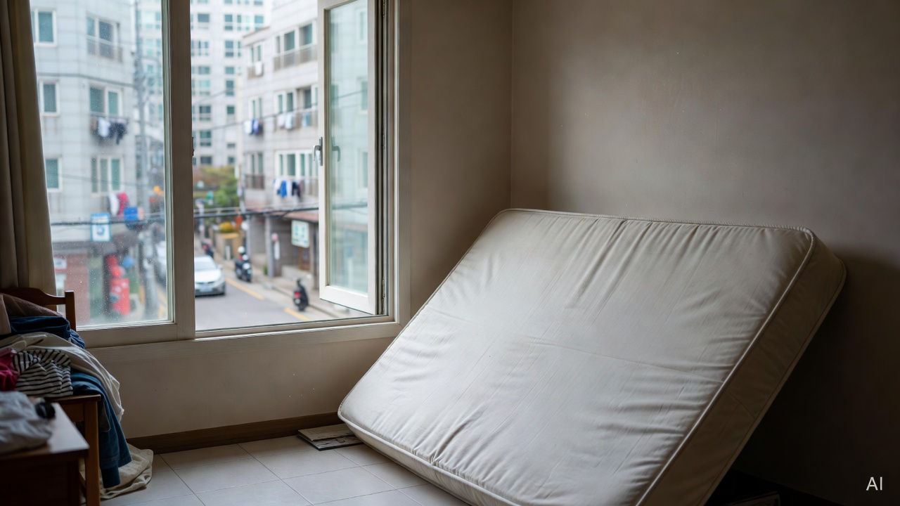 mattress leaning against bedroom wall near open window for air drying