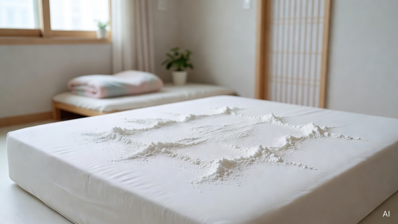 white mattress with baking soda sprinkled on top, placed in a bright bedroom with open window