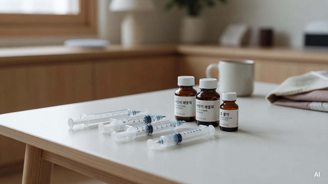 baby medicine syringes and bottles arranged on a white table