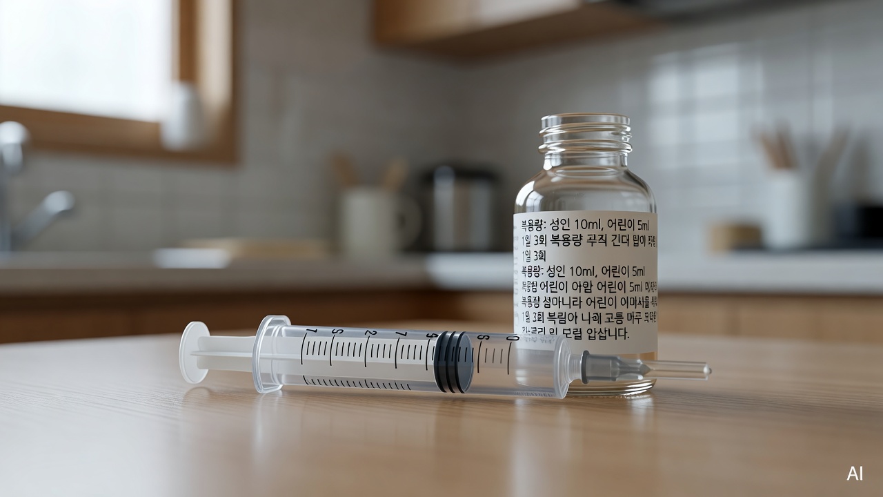 close-up of a medicine measuring syringe next to a bottle label showing dosage information