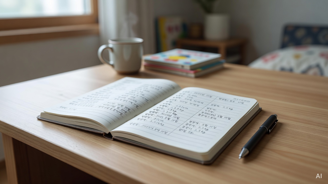 open baby health record notebook on a wooden desk with a pen beside it