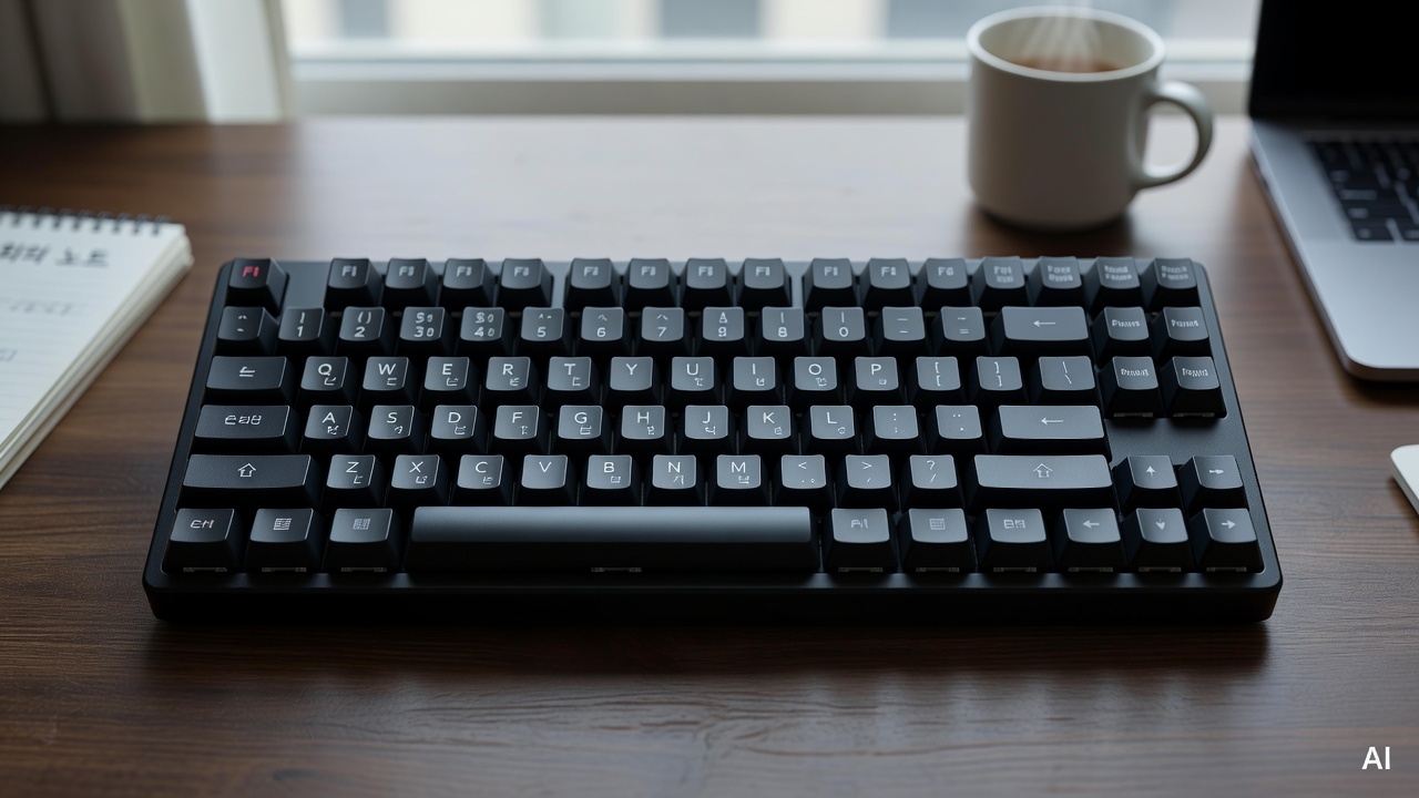 mechanical keyboard on a dark desk with RGB lighting off, top-down view