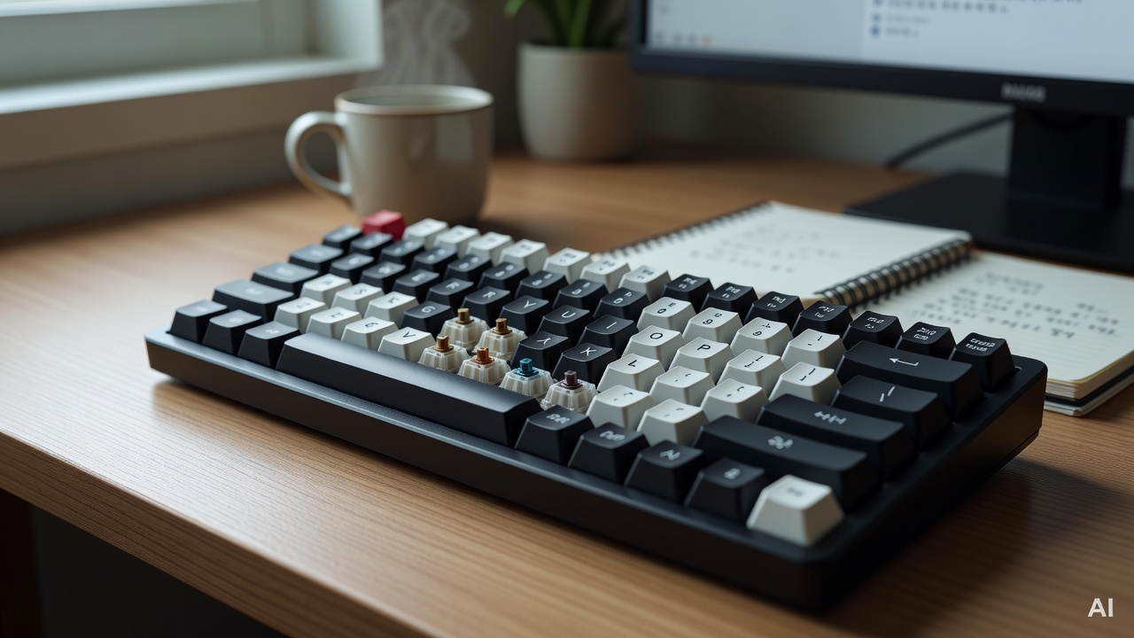 close-up of keyboard switches and keycaps on a wooden desk