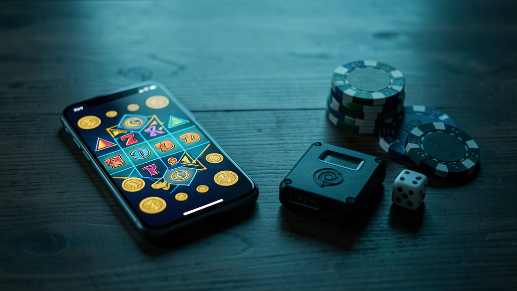 Smartphone con un gioco di casinò acceso accanto a fiches, dadi e un piccolo dispositivo su un tavolo scuro