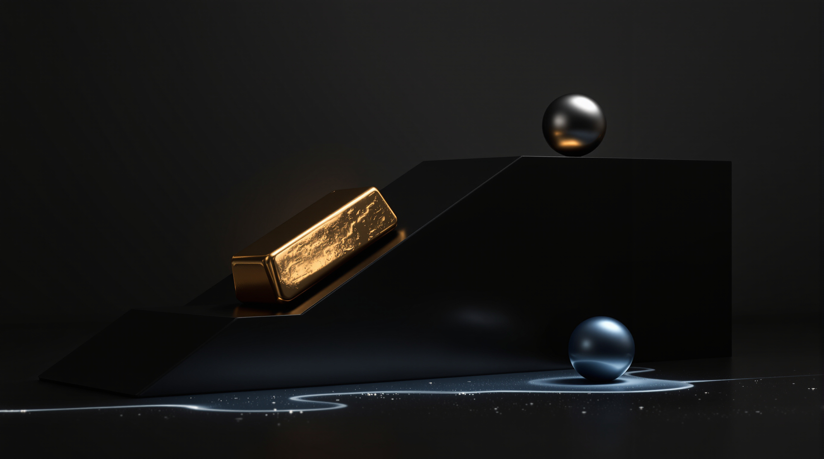 polished gold ingot on an ascending black lacquer ramp, with a hovering silver-blue sphere (no markings) nearby — editorial cover artwork for the Knightron story on Stocks Extend Rally As Precious Metals Surge; Crypto Steadie