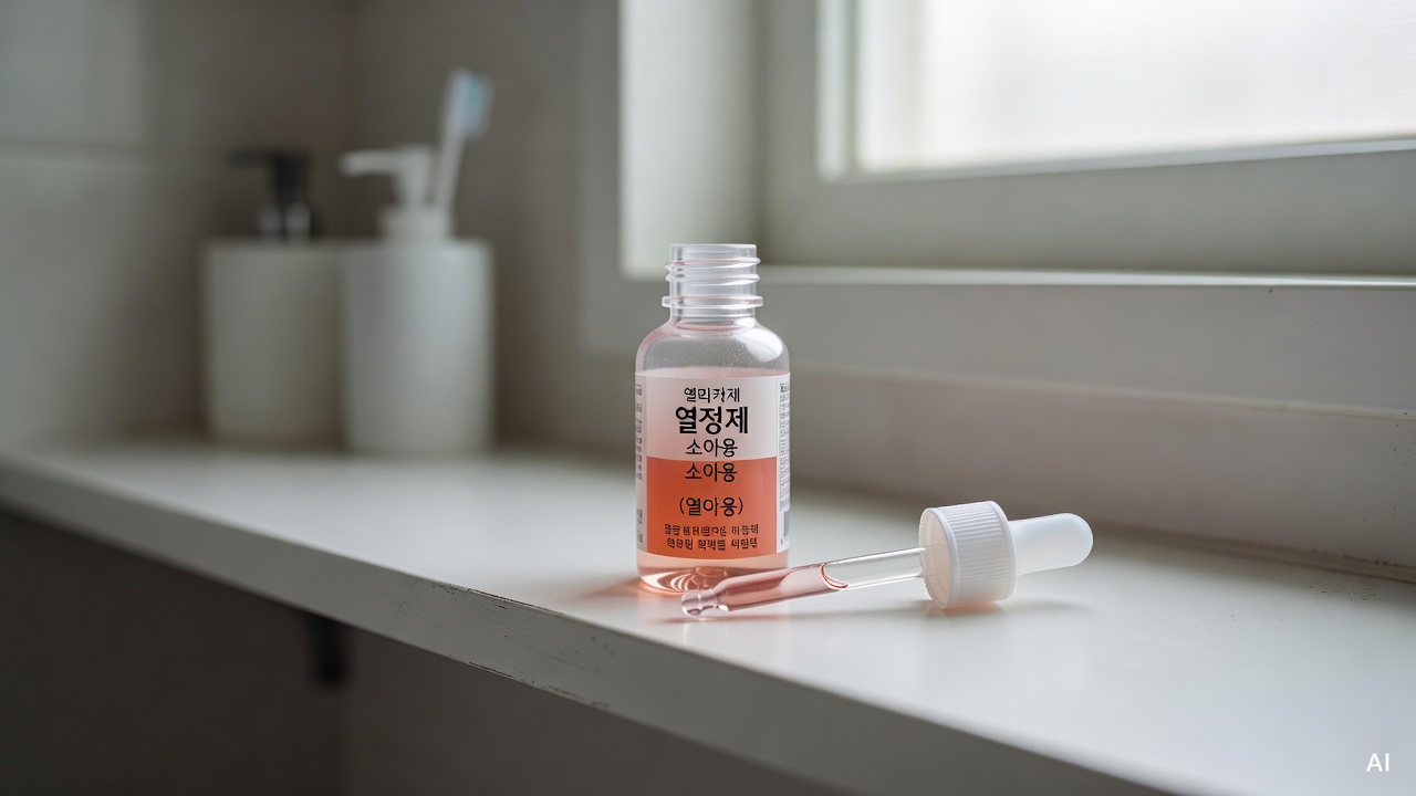 close-up of a child's medicine dropper and liquid fever reducer on a white bathroom shelf