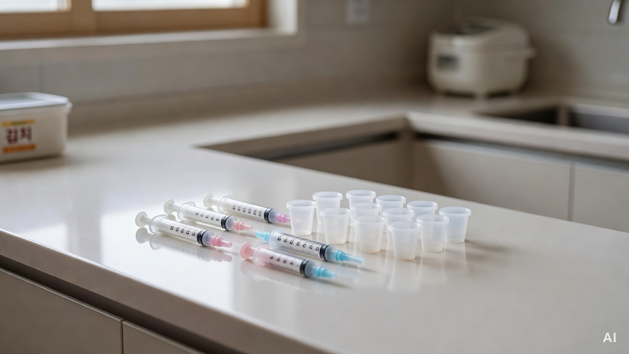 children's oral medicine syringes and small cups arranged on a clean kitchen counter