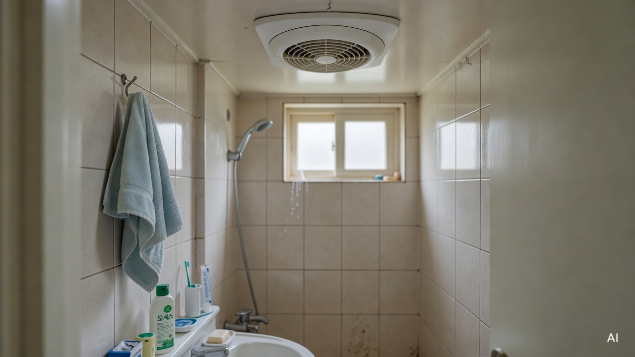 bathroom ventilation fan mounted on ceiling above shower area in a small Korean apartment bathroom