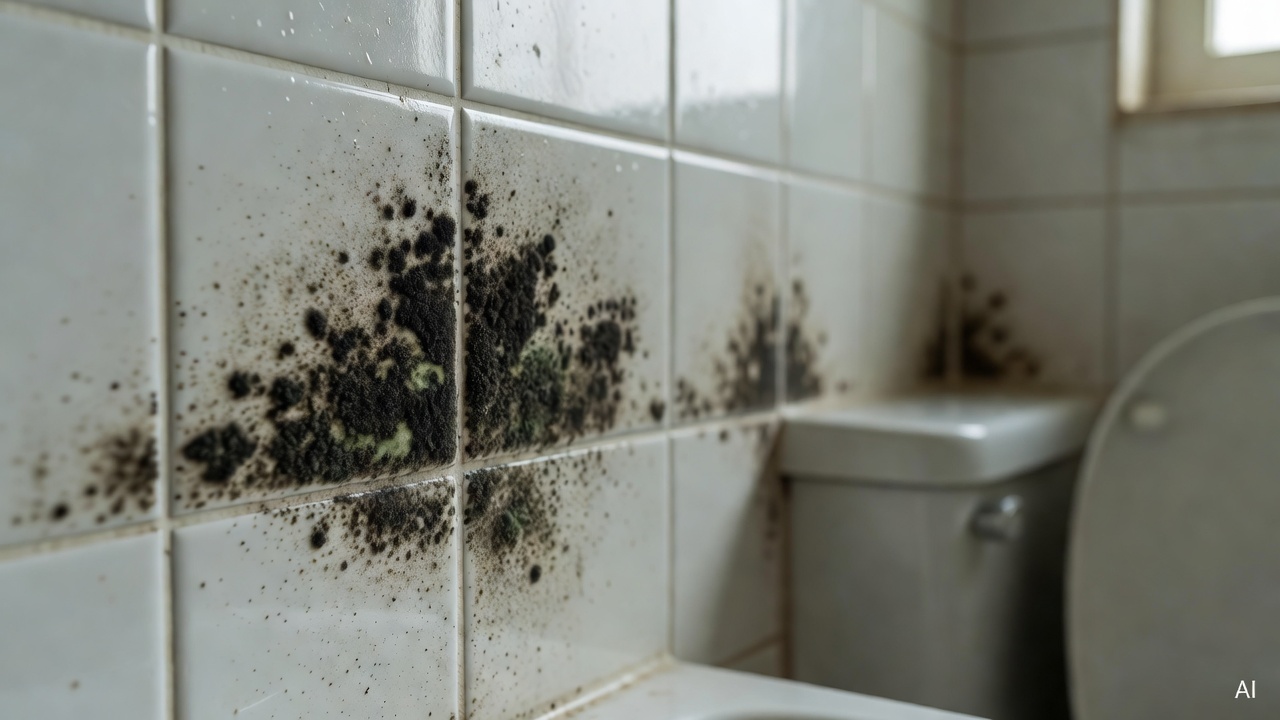 close-up of black mold growing on white bathroom tile grout and silicone sealant